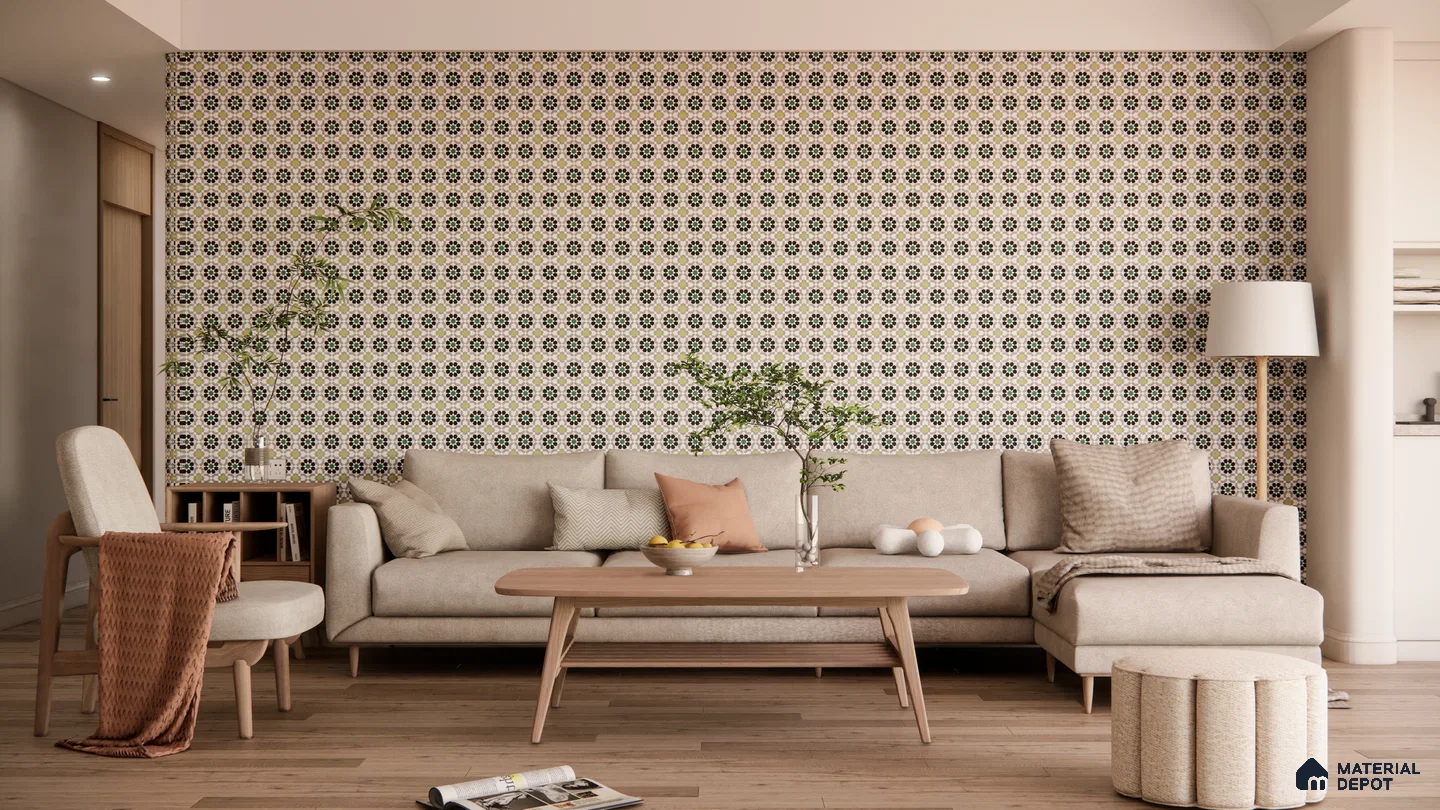 Living Room with Delicate Mosaic Tile Feature Wall in Warm Neutrals | Material Depot