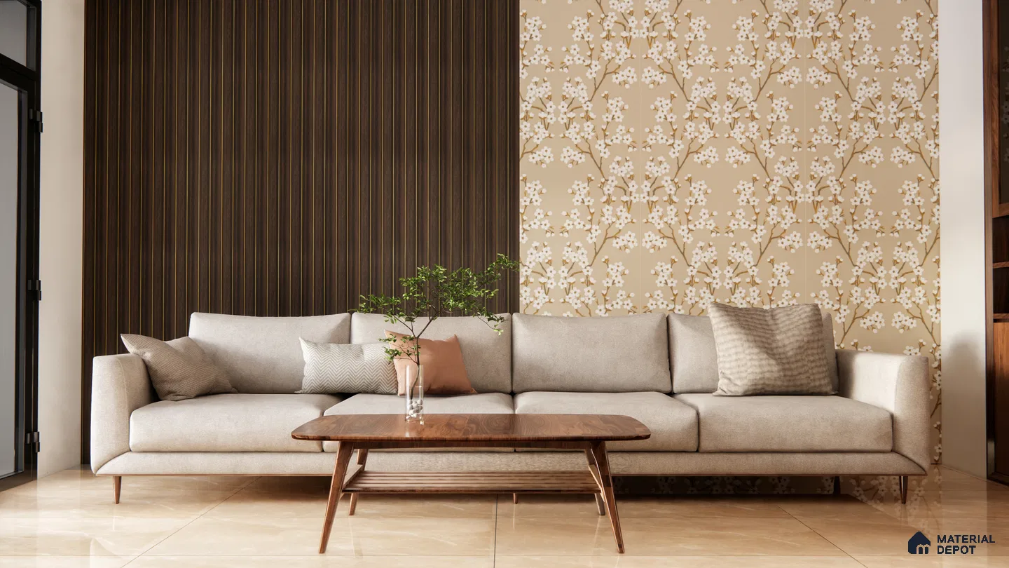 Living Room with Floral Wallpaper and Charcoal Fluted Panel Accent | Material Depot