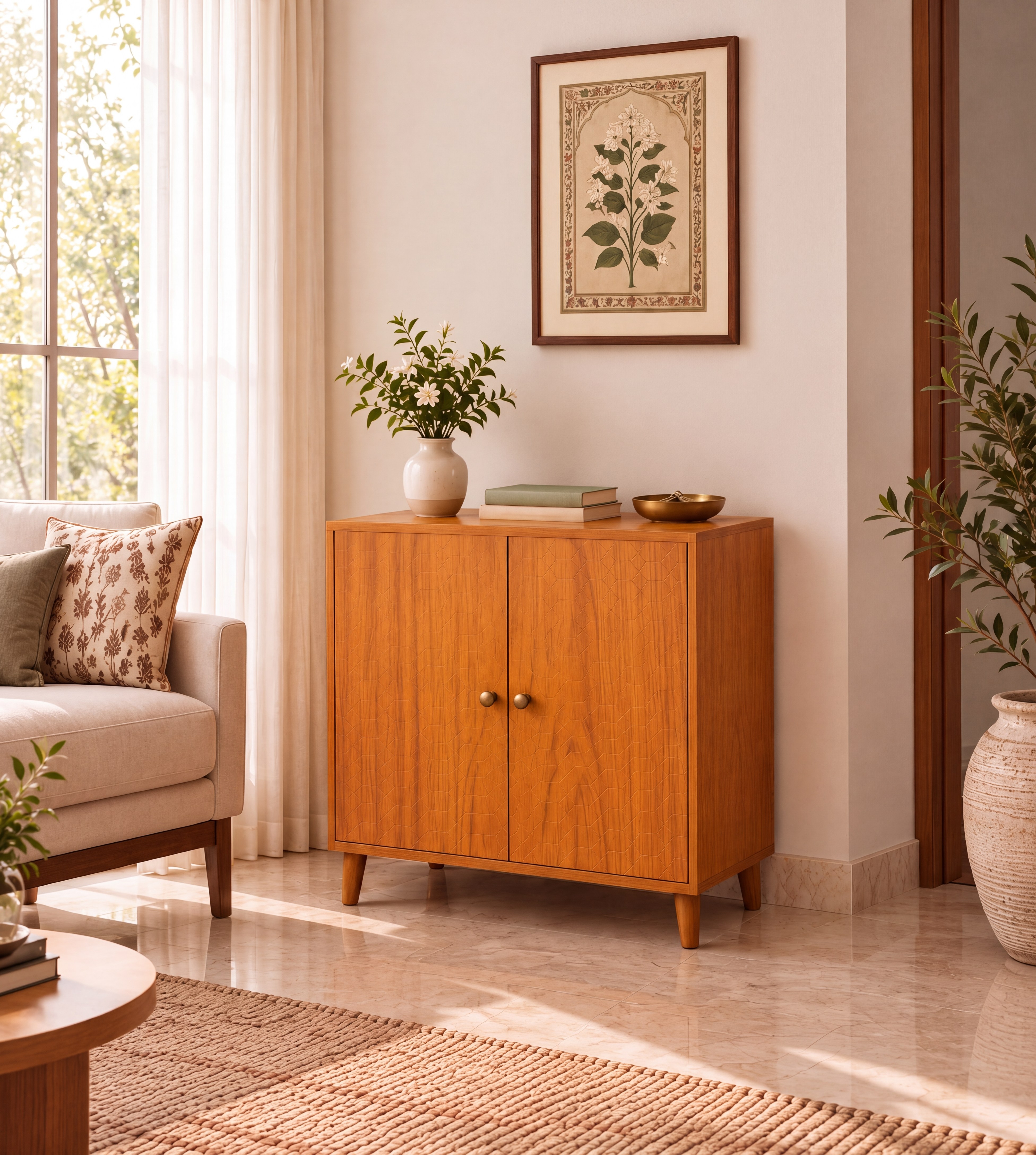 Living Room with Golden Elm Wood Textured Laminate Cabinet