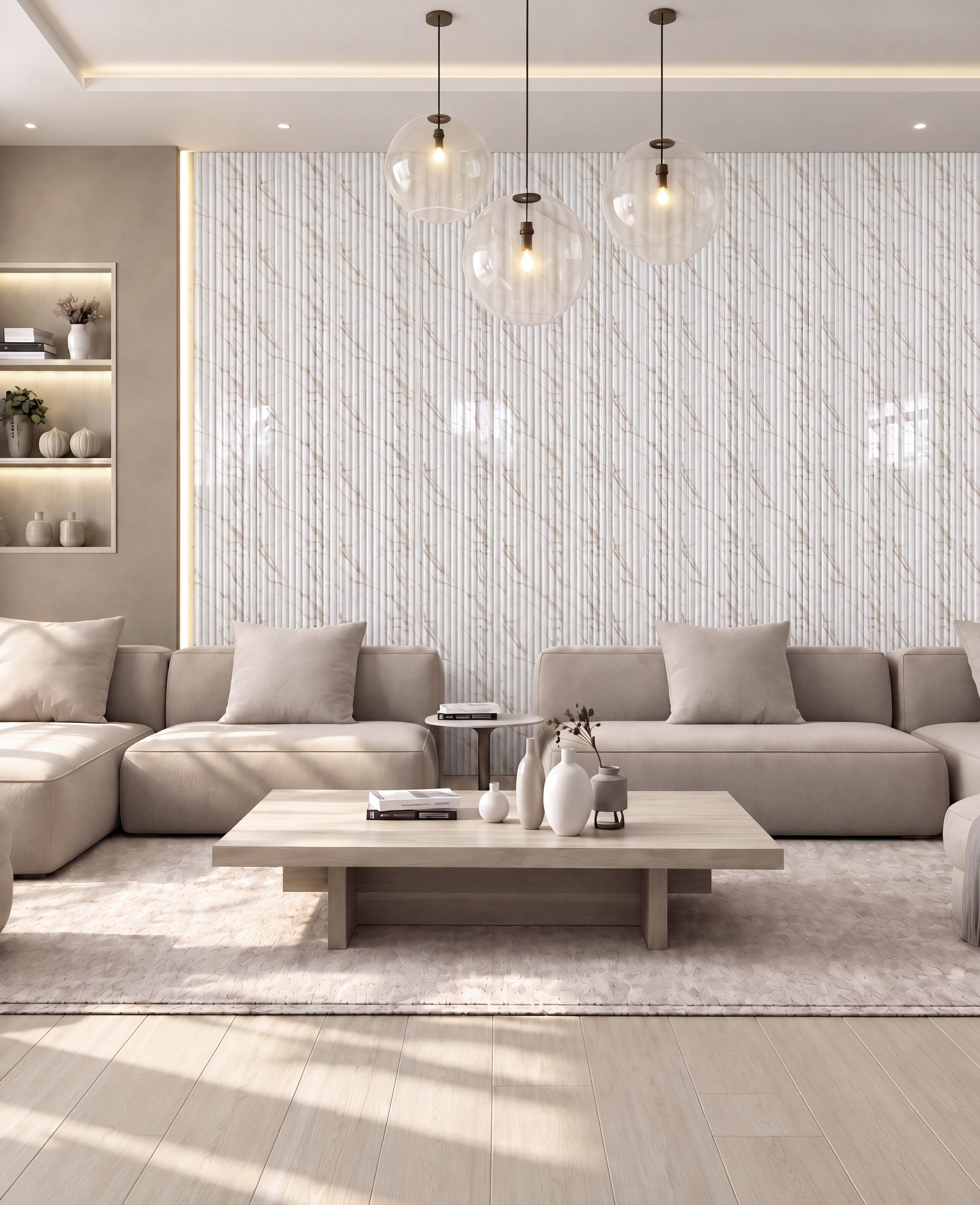 Living Room with Golden Frost Ribbed Marble-Look High-Gloss Laminate Wall