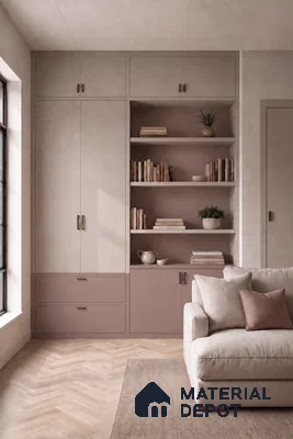 Living Room with Greige and Mauve Laminate Storage and Wood-Look Floor Tile