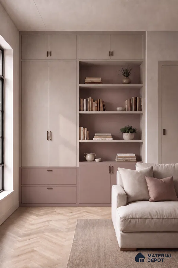 Living Room with Greige and Mauve Laminate Storage and Wood-Look Floor Tile
