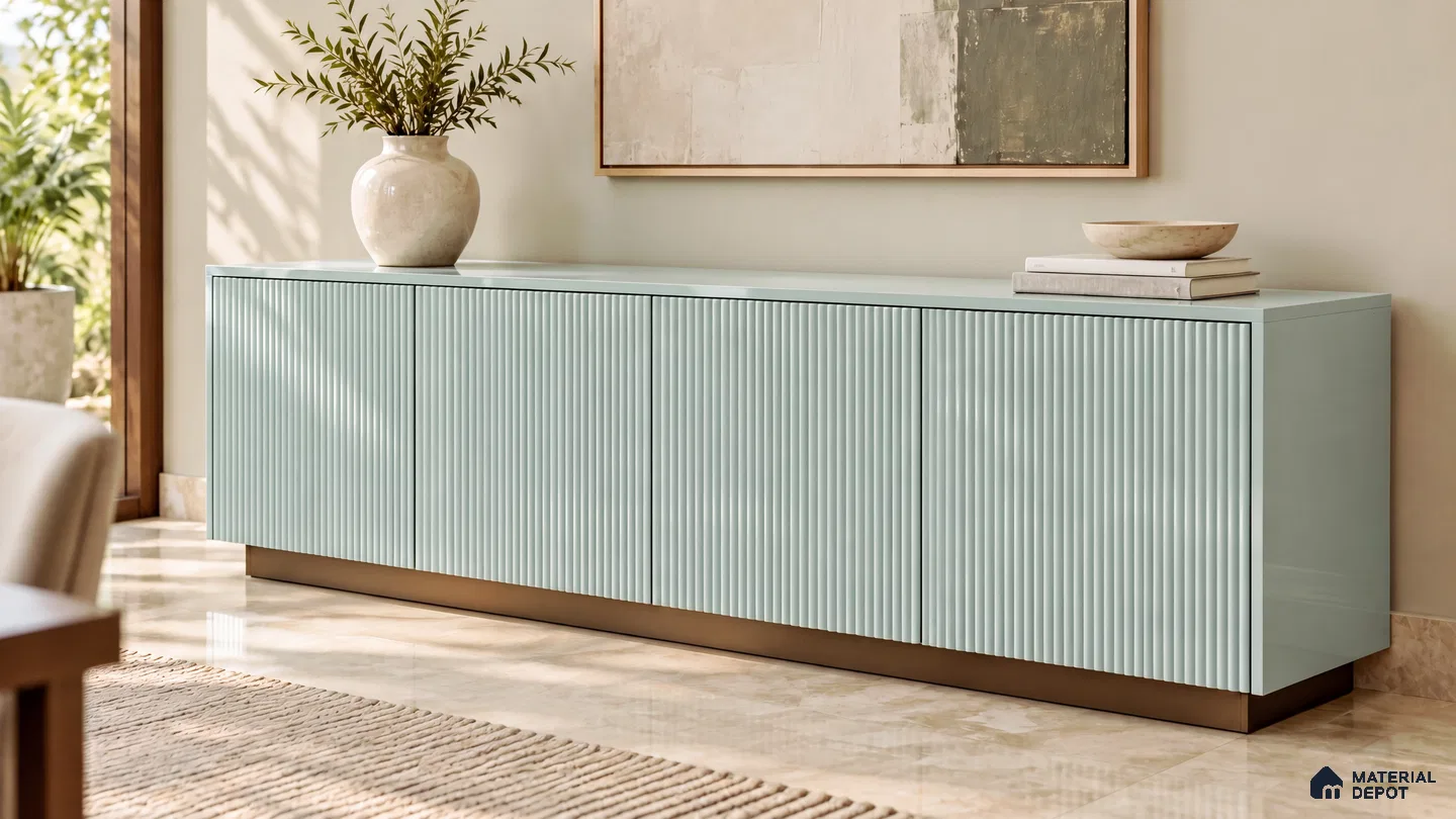 Living Room with Gunsmoke Sage Green Fluted High-Gloss Laminate Sideboard