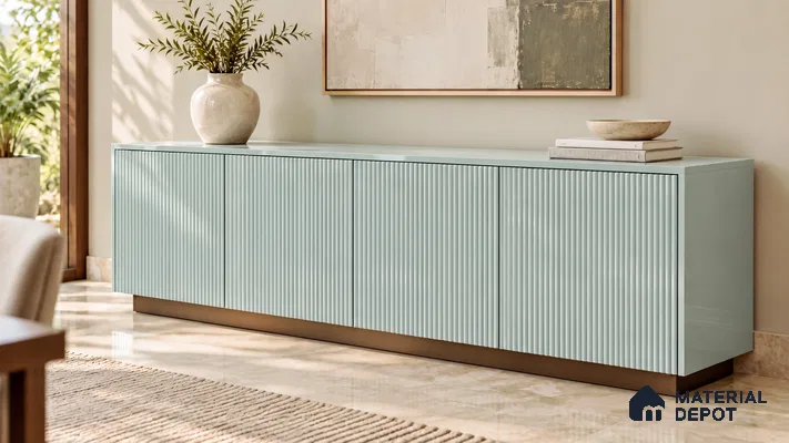 Living Room with Gunsmoke Sage Green Fluted High-Gloss Laminate Sideboard