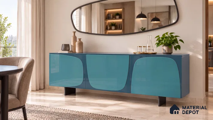 Living Room with Indigo and Yale Blue High-Gloss Laminate Curved Sideboard