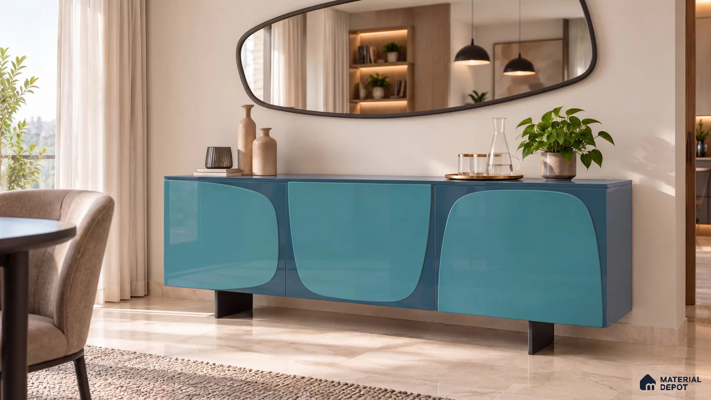 Living Room with Indigo and Yale Blue High-Gloss Laminate Curved Sideboard