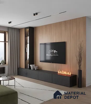 Living Room With Marble-Backed Tv Unit And Cove Lighting In A Warm Beige Palette | Material Depot