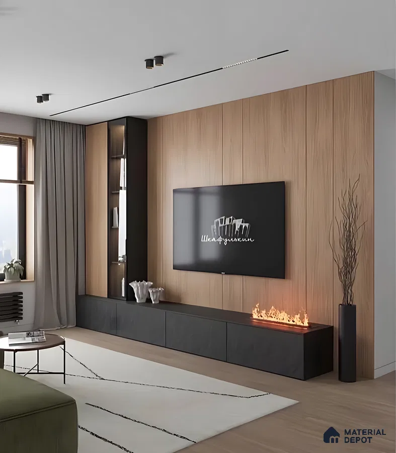 Living Room With Marble-Backed Tv Unit And Cove Lighting In A Warm Beige Palette | Material Depot