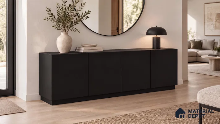 Living Room with Natural Black Matte Laminate Sideboard and Gunmetal Wood Floor