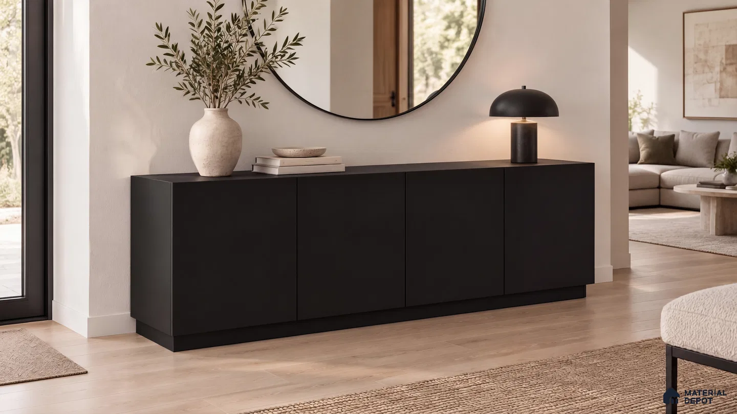 Living Room with Natural Black Matte Laminate Sideboard and Gunmetal Wood Floor