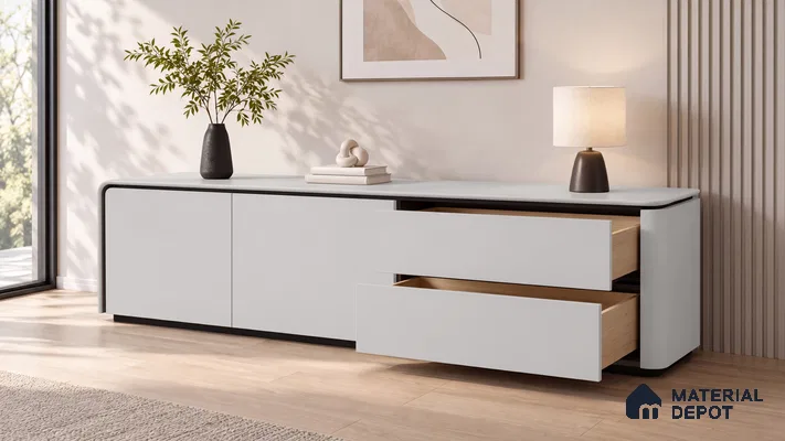 Living Room with Pearl Mist Rounded Sideboard, Charcoal Louver Panel and Oak Wood Floor