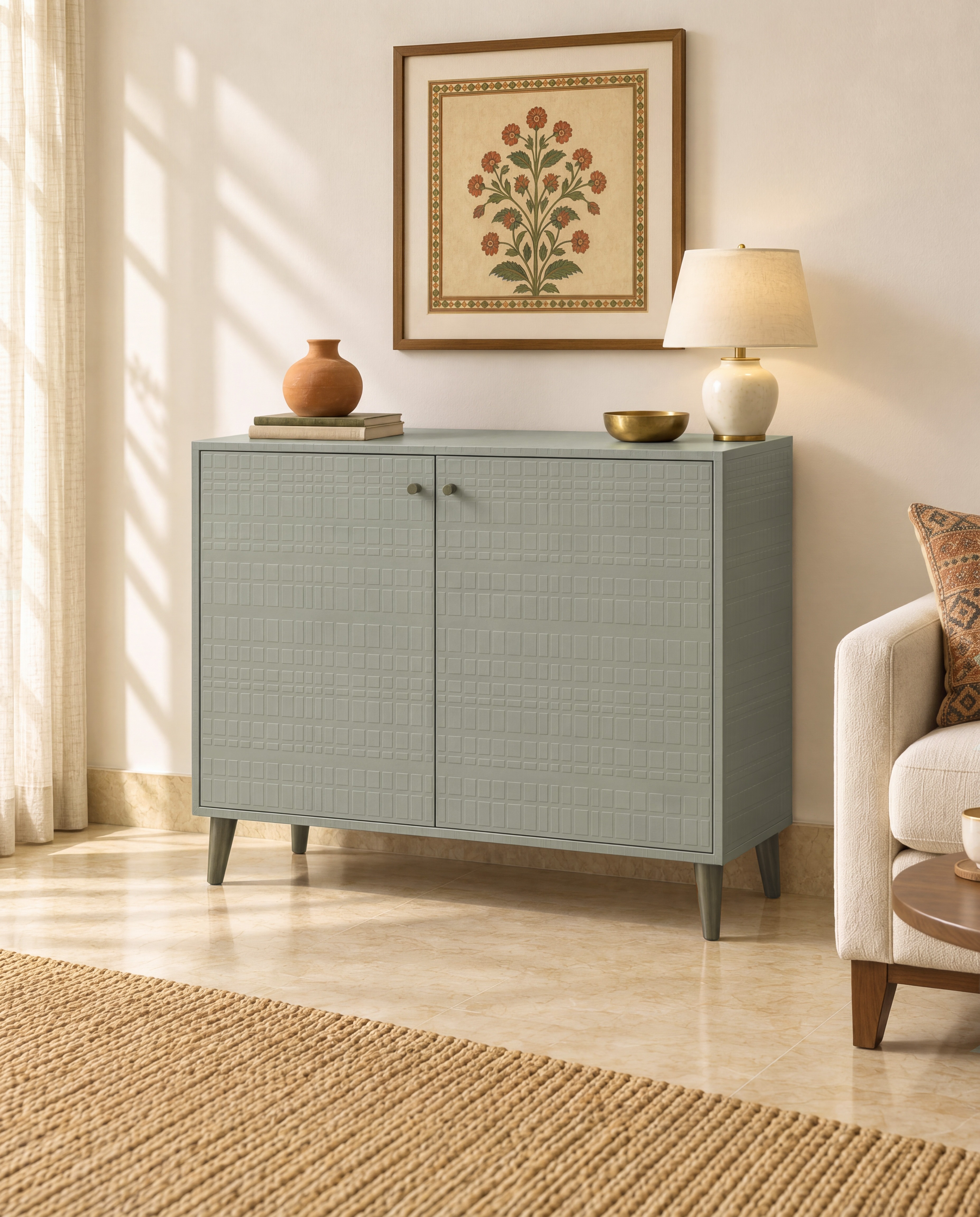 Living Room with Slate Grey Cube Texture Laminate Sideboard
