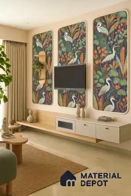 Living Room with Tropical Botanical Wall Panels, Arched Niche, Floating Mid-Century TV Unit & Neutral Flooring in Prestige Royal Garden Doddaballapur | Material Depot