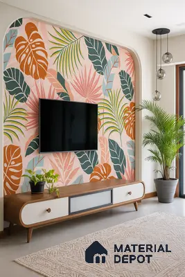 Living Room with Tropical Botanical Wallpaper Accent Wall, Arched Niche, Mid-Century TV Unit & Neutral Flooring in Prestige Misty Waters Hebbal | Material Depot