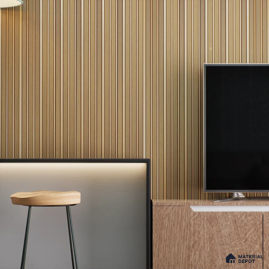 Living Room with Vertical Striped Wall Paneling and TV | Material Depot