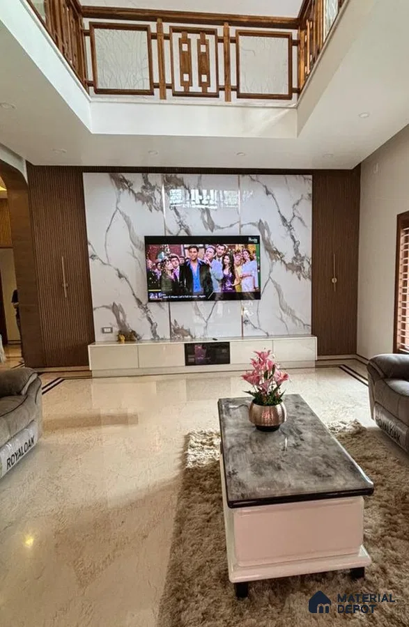 A Living Room with Wooden Louver and Glossy Marble Laminates behind the TV Unit | Material Depot