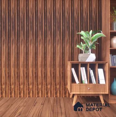 Living Room with Wood-Paneled Wall and Bookshelf | Material Depot