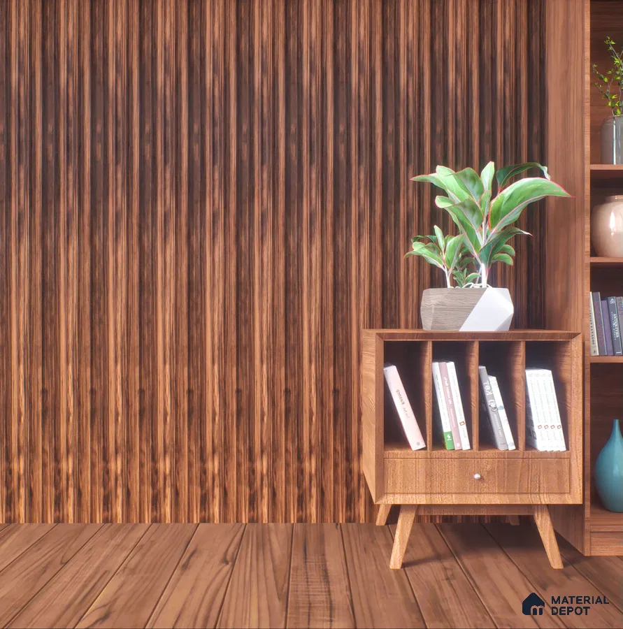 Living Room with Wood-Paneled Wall and Bookshelf | Material Depot