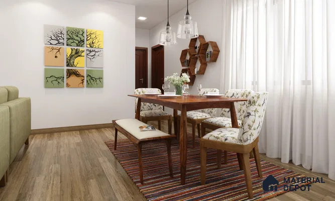 Room with wooden table and chairs, floral accents, and a large window