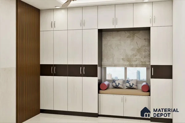 Floor-to-Ceiling Hinged Wardrobe with Loft and Seating.