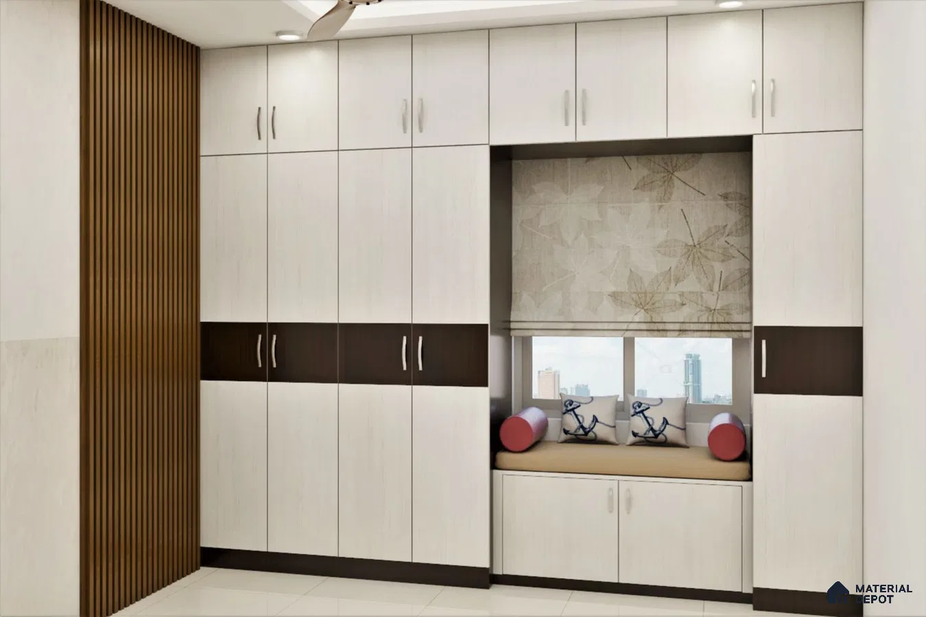 Floor-to-Ceiling Hinged Wardrobe with Loft and Seating.