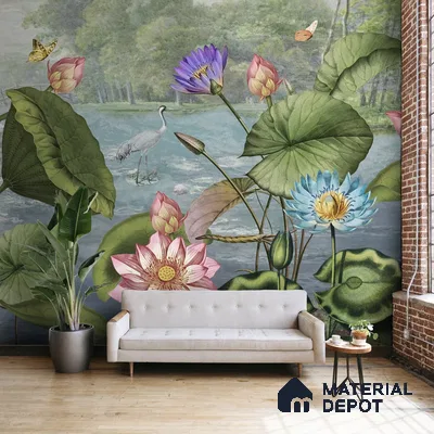 A close-up of a Lotus Leaves in Tropical Setting Wallpaper Indrani Series Soft Feel Tropical Design (Customised Size Wallpaper )available at Material Depot in Bangalore
