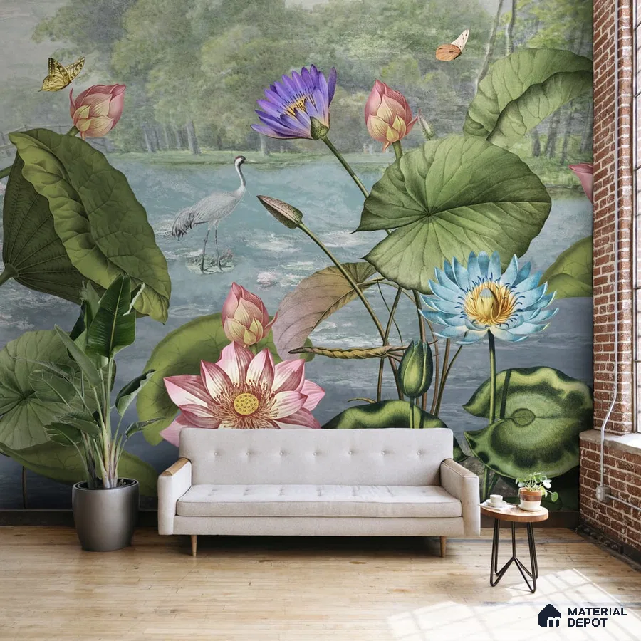 A close-up of a Lotus Leaves in Tropical Setting Wallpaper Indrani Series Soft Feel Tropical Design (Customised Size Wallpaper )available at Material Depot in Bangalore