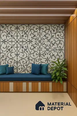 Lounge Niche with Black & White Mosaic Feature Wall, Wooden Paneling and Built-In Bench Seating with Teal Cushions | Material Depot