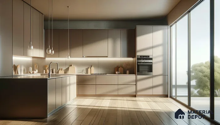 Luminous Minimalist Kitchen with Reflective Surfaces and Sleek Features | Material Depot