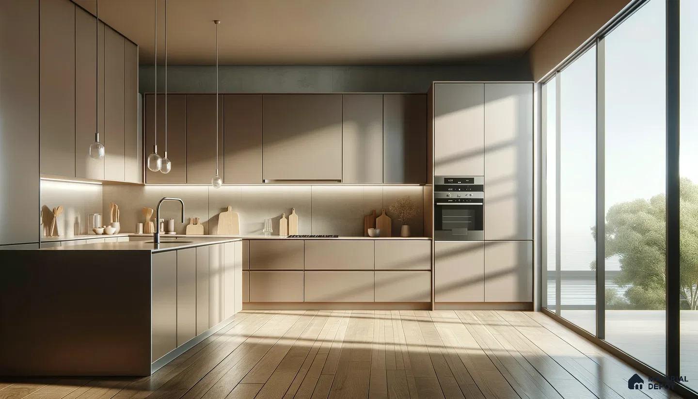 Luminous Minimalist Kitchen with Reflective Surfaces and Sleek Features | Material Depot