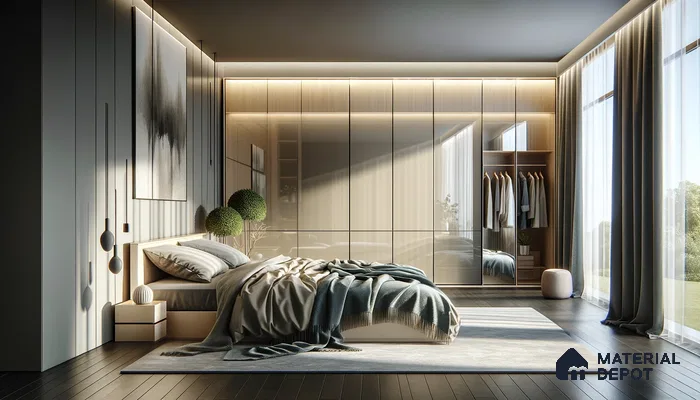 Luminous Modern Bedroom with Artistic Flair and Reflective Wardrobe | Material Depot
