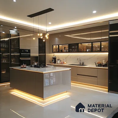 Luminous Modern Kitchen with Golden Highlights and Marble Island | Material Depot