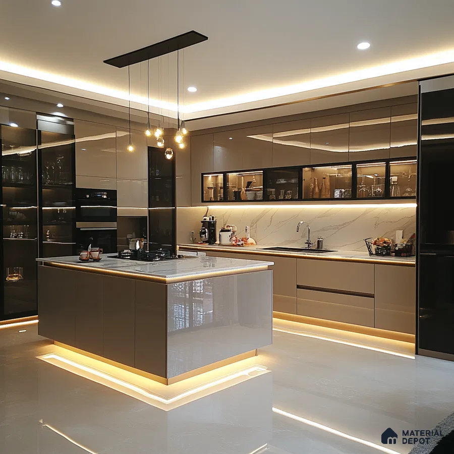 Luminous Modern Kitchen with Golden Highlights and Marble Island | Material Depot