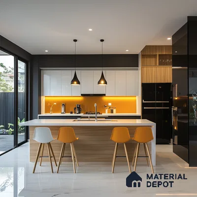 Luminous Modernity: Bright Kitchen Space with Bold Accents | Material Depot