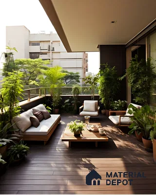 Lush Balcony with Wooden Decking and Greenery | Material Depot