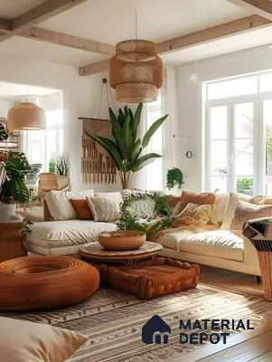 Lush Bohemian Living Room With Terracotta Poufs & Wicker Pendant Light | Material Depot