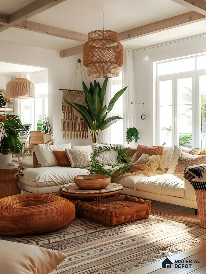 Lush Bohemian Living Room With Terracotta Poufs & Wicker Pendant Light | Material Depot