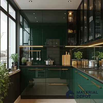 Lush Green and Black Kitchen with Gold Accents and Botanical Touches | Material Depot
