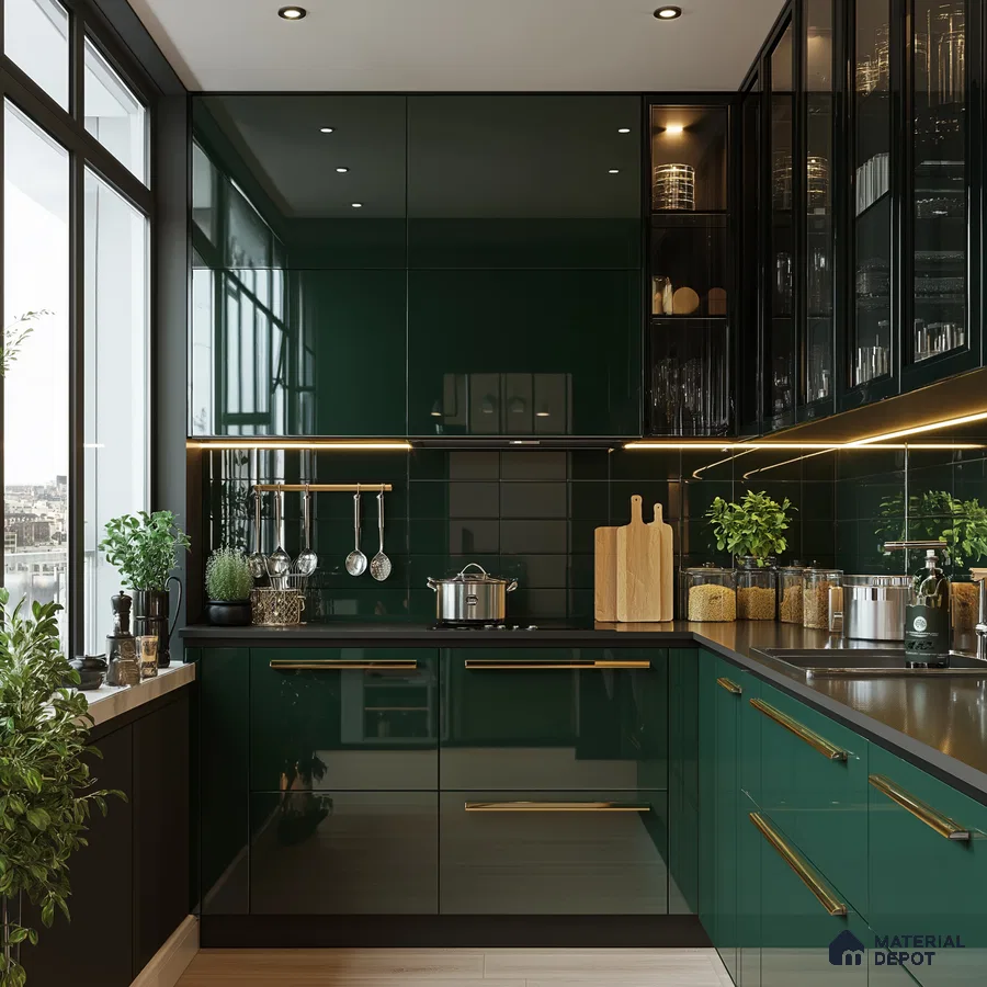 Lush Green and Black Kitchen with Gold Accents and Botanical Touches | Material Depot