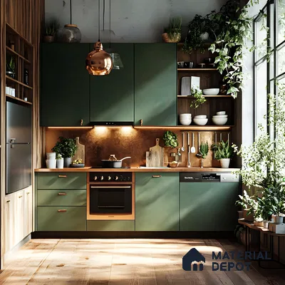 Lush green kitchen with natural wood elements, metallic details, and an earthy warm vibe. | Material Depot