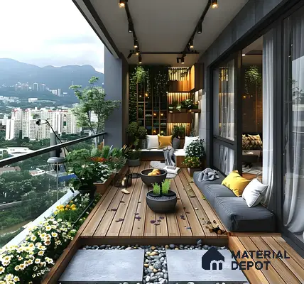 Lush Modern Balcony with Garden Oasis and City View | Material Depot