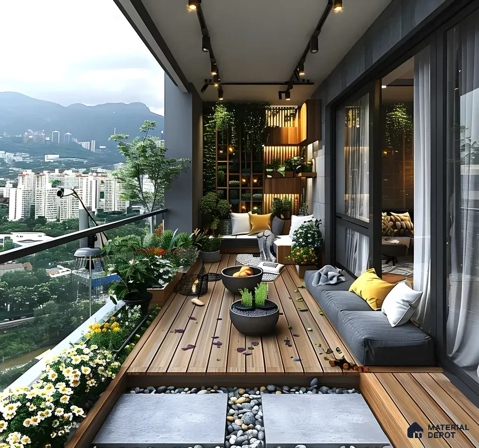 Lush Modern Balcony with Garden Oasis and City View | Material Depot