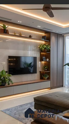 Lush Modern Harmony: Tv Unit With Indoor Greens And Ambient Marble Backdrop | Material Depot