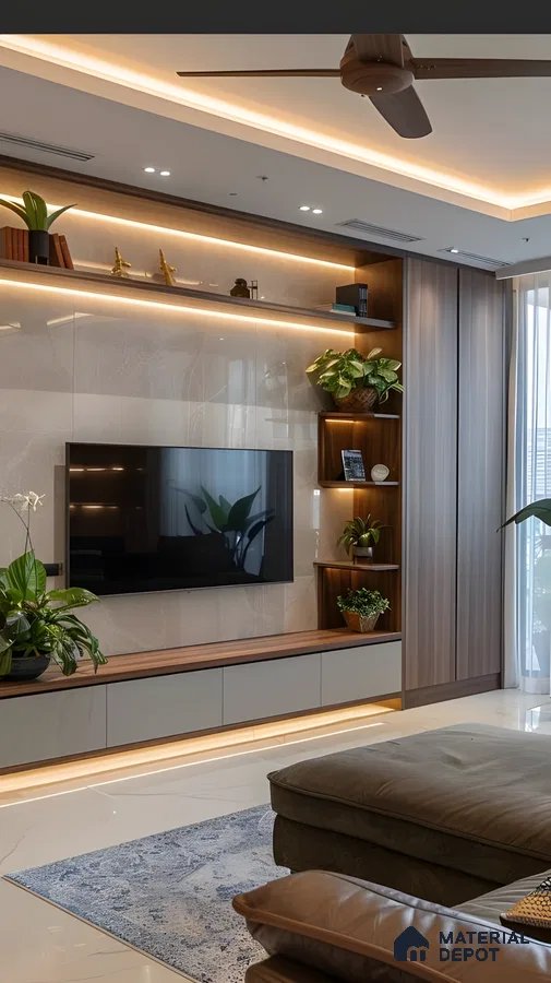 Lush Modern Harmony: Tv Unit With Indoor Greens And Ambient Marble Backdrop | Material Depot