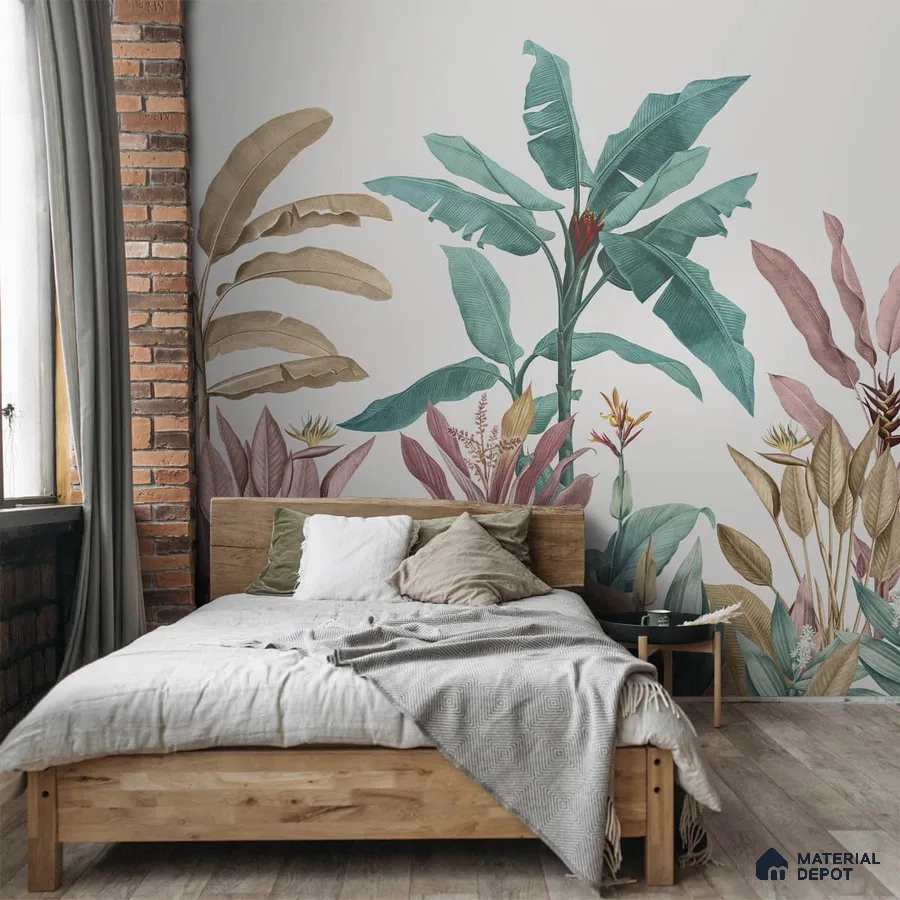 A close-up of a Pink & Green Tropical Trees Wallpaper Indrani Series Soft Feel Tropical Design (Customised Size Wallpaper )available at Material Depot in Bangalore