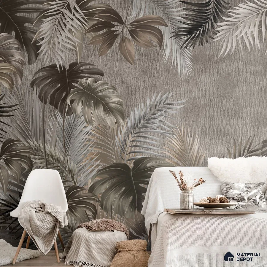 A close-up of a Premium Tropical Leaves Wallpaper, Customized Indrani Series Soft Feel Tropical Design (Customised Size Wallpaper )available at Material Depot in Bangalore