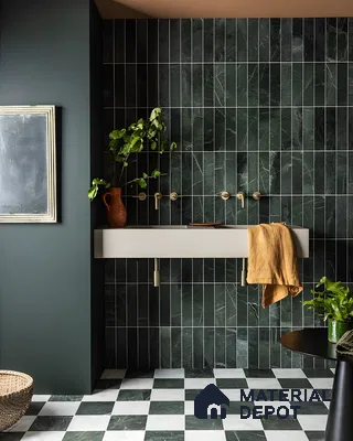 Luxe Bathroom With Emerald Green Vertical Marble Tiles And Green & White Checkerboard Floor | Material Depot