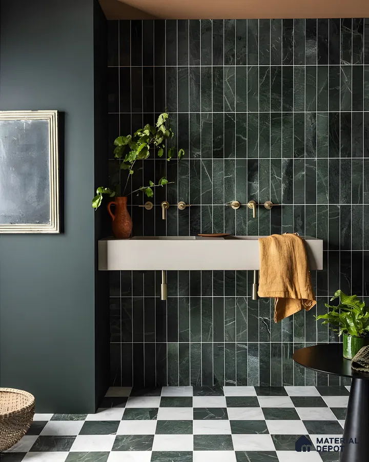 Luxe Bathroom With Emerald Green Vertical Marble Tiles And Green & White Checkerboard Floor | Material Depot