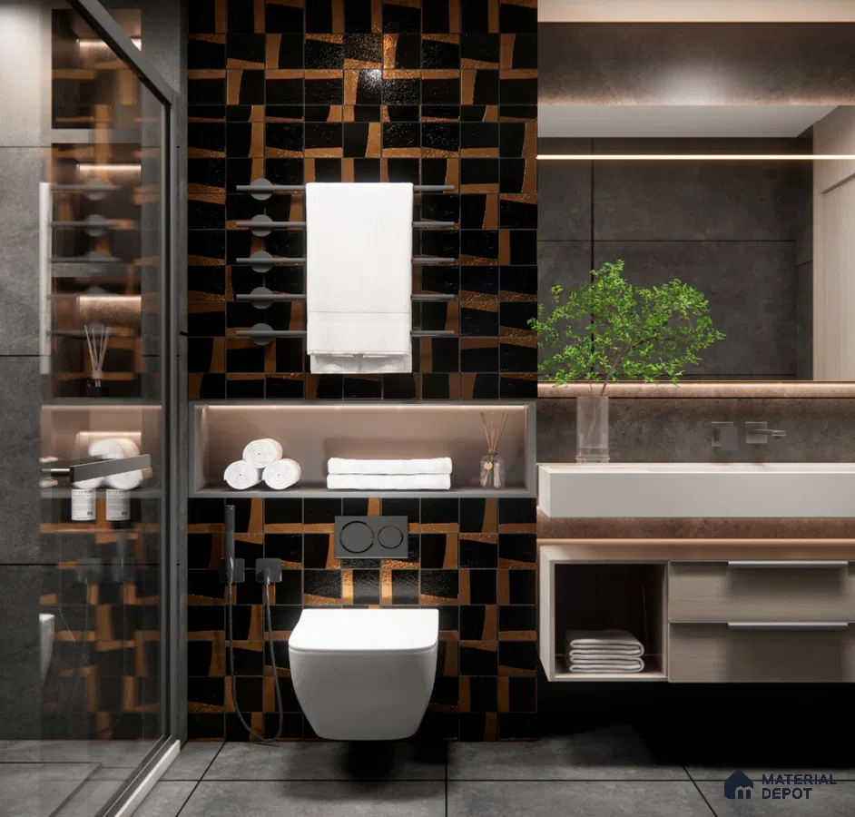 Luxe Black & Copper Bathroom with Artistic Highlighter Tiles | Material Depot