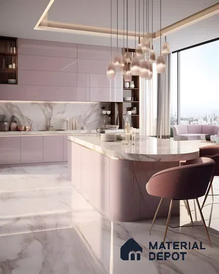 Luxe Blush Kitchen With Marble Finishes And Statement Lighting | Material Depot